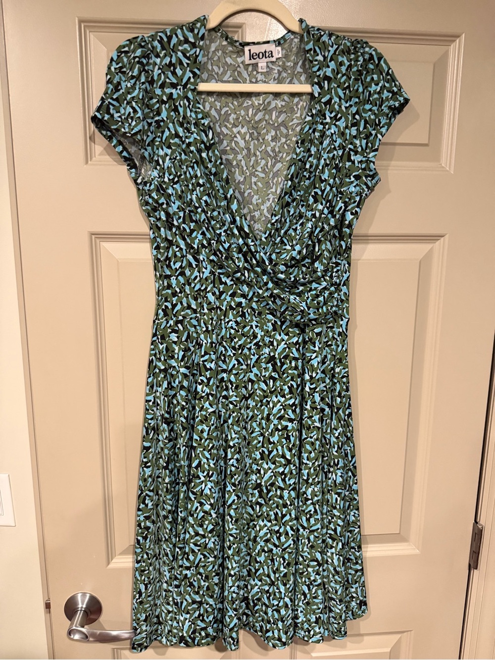 Worn once. Like New-Leota Green, Turquoise, Black print Faux Wrap Midi Dress